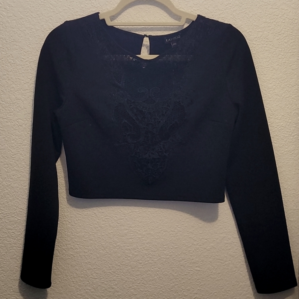 Express Crop Long Sleeve Sexy Lace Front Top